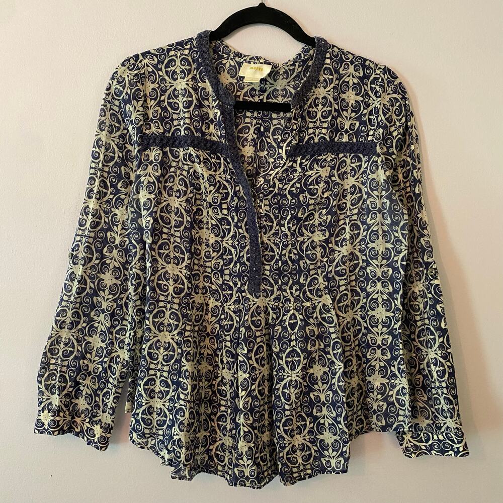 Maeve Anthropologie Abella Blue White Boho Flowy Blouse Cotton Women's size 2